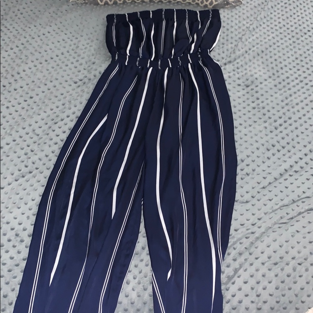 Forever 21 Navy & White Striped Strapless Jumpsuit